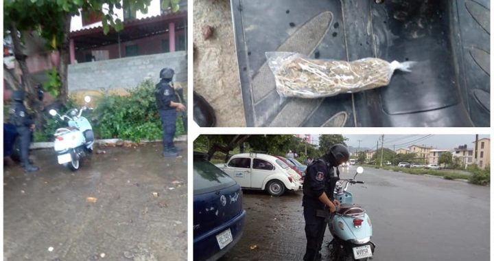 POLICÍAS ESTATALES ASEGURARON EN ZIHUATANEJO UNA MOTONETA CON REPORTE DE ROBO Y PROBABLE MARIHUANA