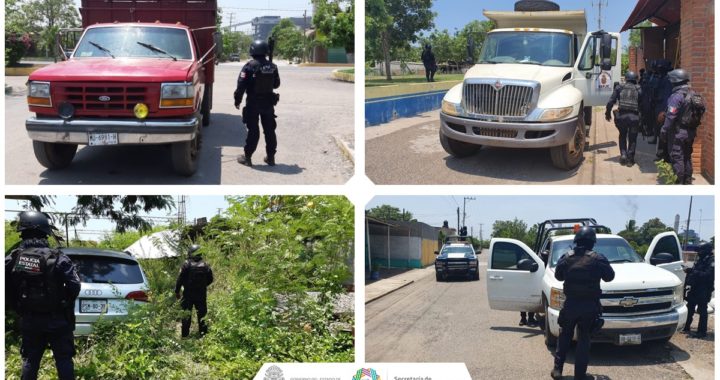 ASEGURA POLICÍA ESTATAL EN PETACALCO, MUNICIPIO DE LA UNIÓN, CUATRO VEHÍCULOS, CARTUCHOS ÚTILES, UNIFORMES TIPO MILITAR, EQUIPO TÁCTICO Y PROBABLE MARIHUANA