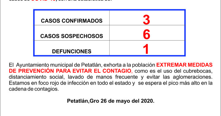 PETATLAN LLEGA A TRES CASOS DE CORONAVIRUS Y SEIS SOSPECHOSOS