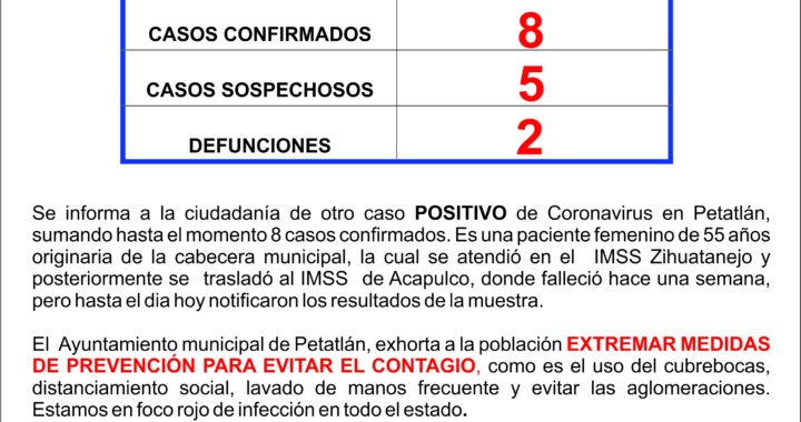Se reporta el octavo caso de Coronavirus en Petatlan que culminó con el deceso de una mujer