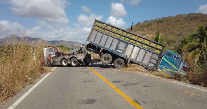 Vuelca camión cargado con frutas y verduras en el municipio de Tecpan de Galeana