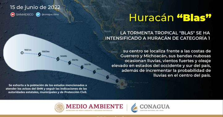 Blas mantendrá durante esta noche, su desplazamiento paralelo a las costas del pacífico mexicano